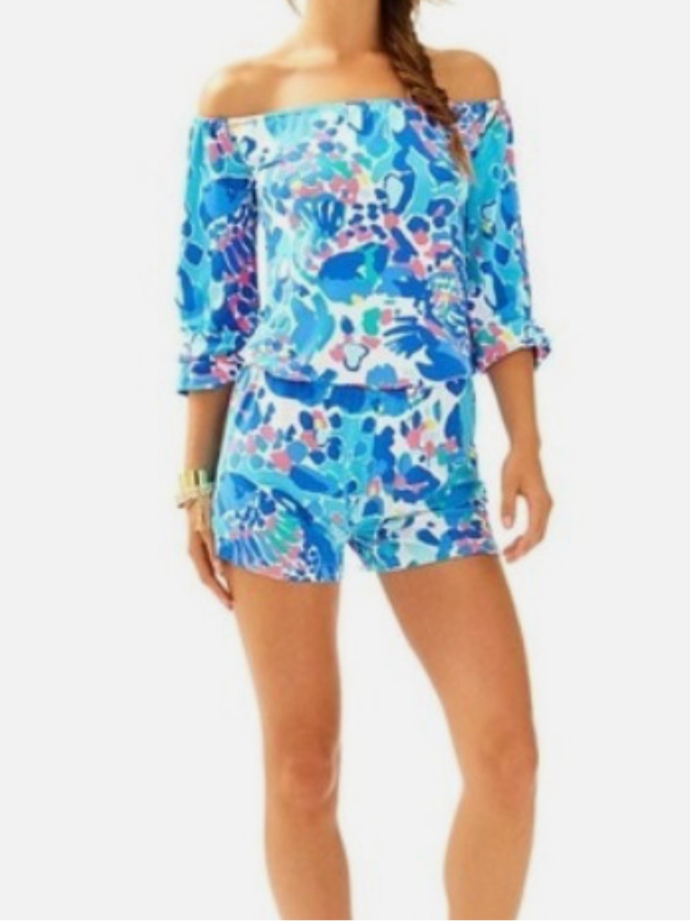Lilly Pulitzer Lana Off Shoulder Romper “Hit The Spot” Print Vacay